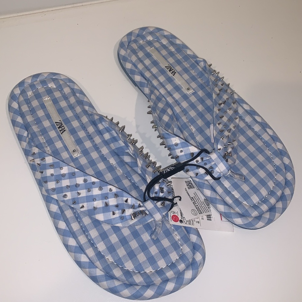 Zara Gingham Studded Flip Flops Sandals - Picture 4 of 12